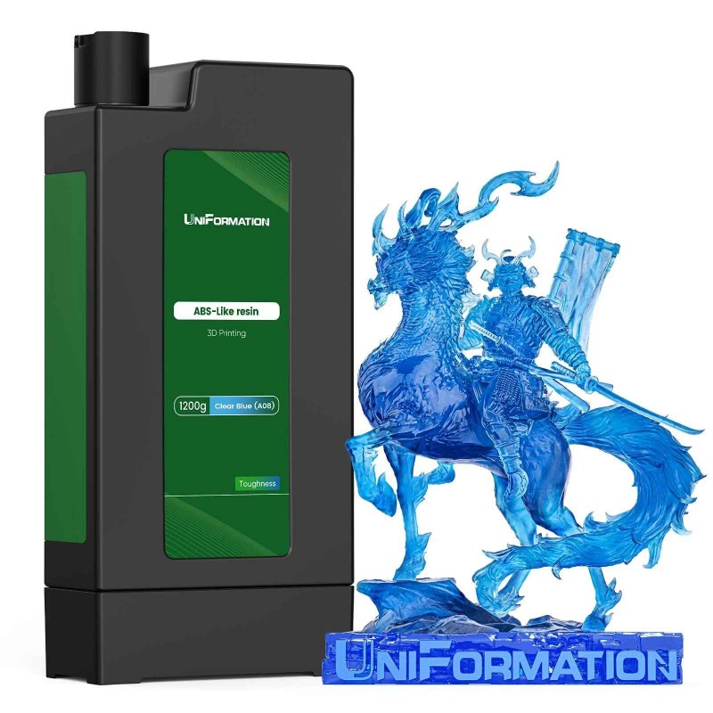 Cartouche de résine UniFormation équivalent ABS et modèle imprimé en coloris bleu transparent