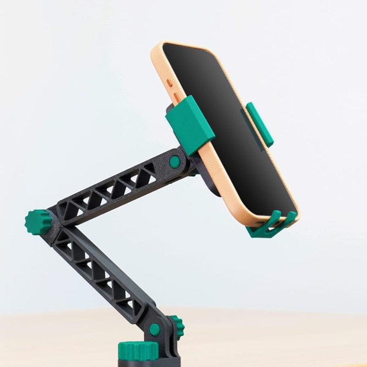support de téléphone mécanique sur bureau avec bras fait avec le filament PETG CF Bambu Lab