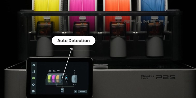 imprimante 3D Bambu Lab P2S équipée d’un AMS 2 Pro contenant plusieurs bobines de filament de couleurs différentes