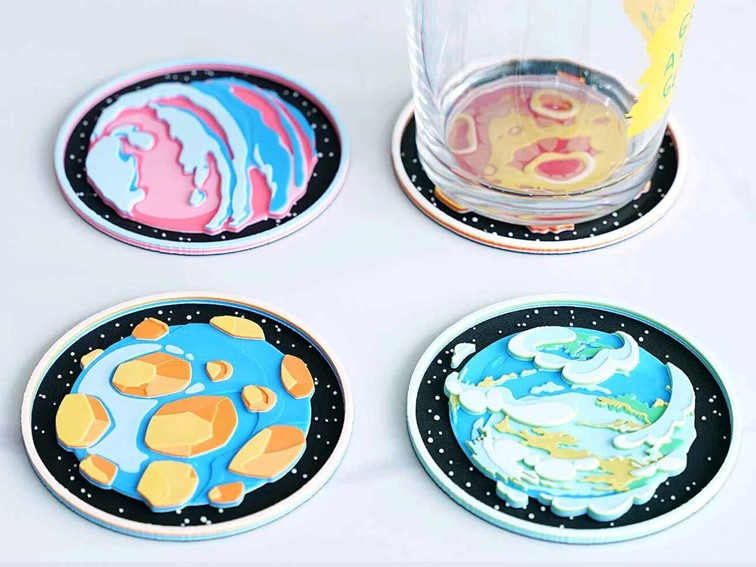 Dessous de verres décoratifs planètes faites avec les filaments PLA Matte Bambu Lab
