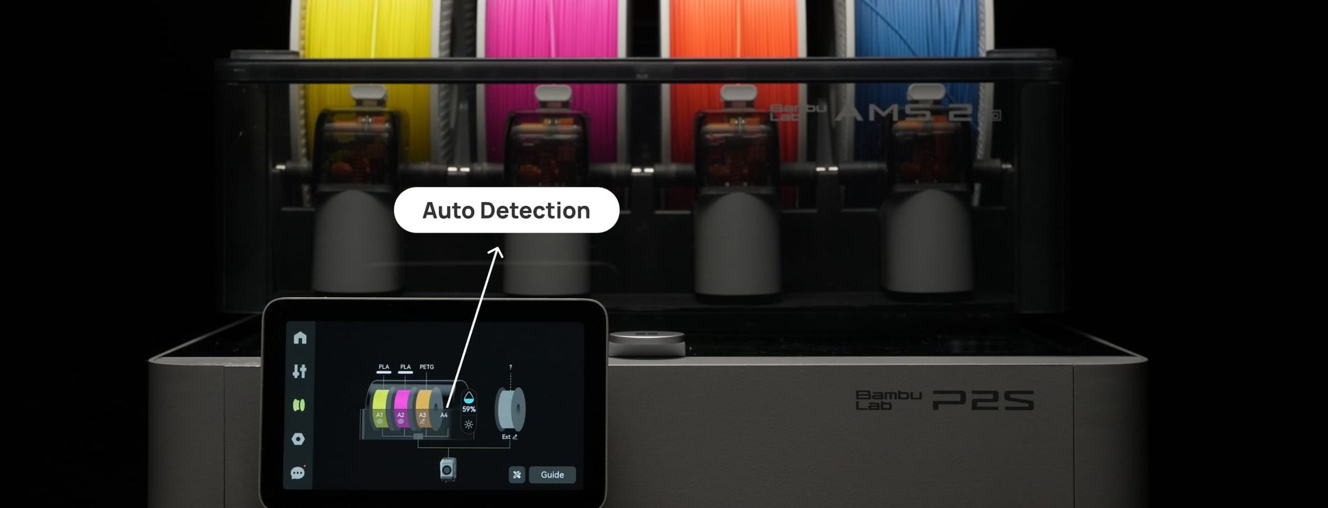 imprimante 3D Bambu Lab P2S équipée d’un AMS 2 Pro contenant plusieurs bobines de filament de couleurs différentes