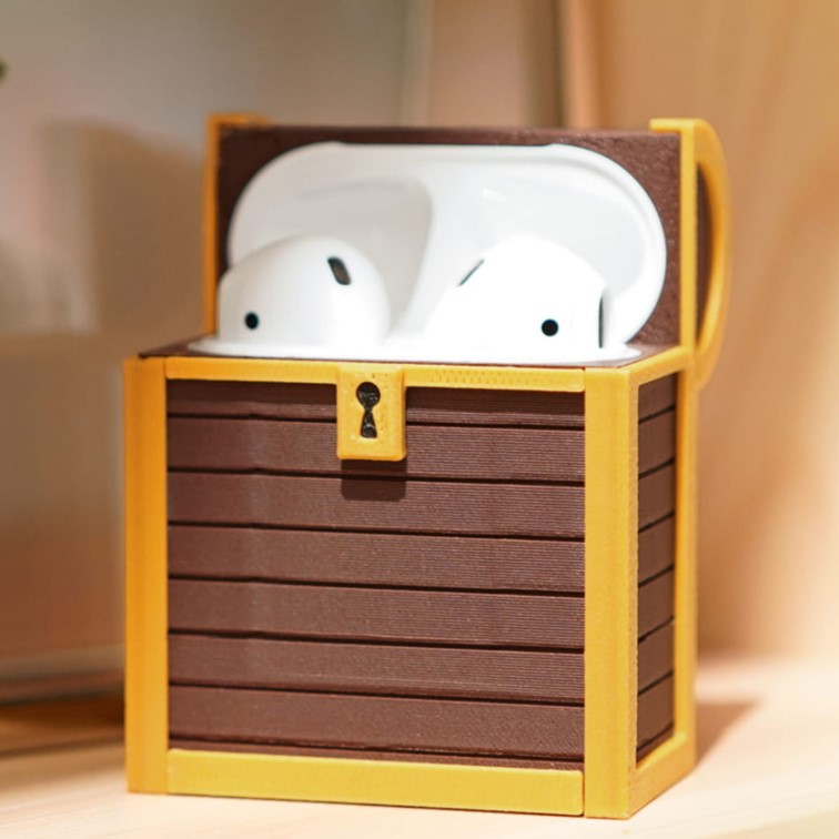 coque pour boite de airpod en forme de coffre fort fait avec les filaments PLA Wood Bambu Lab
