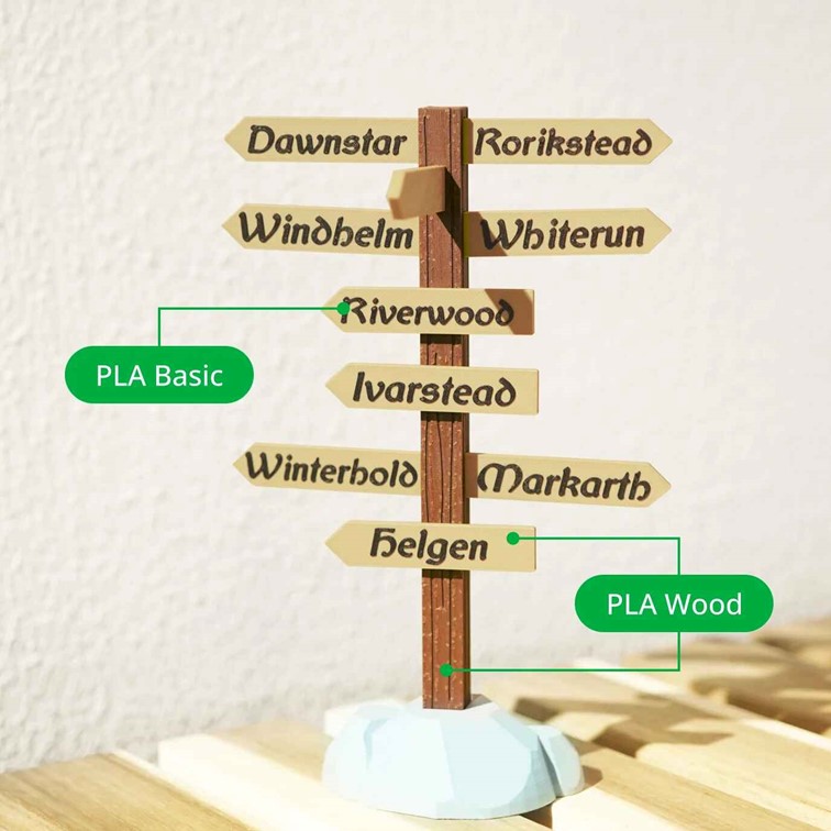 comparaison sur un panneau de signalisation de routes fait en impression 3d d'un coté fait avec du PLA Basic et d'un autre avec du PLA Wood Bambu Lab