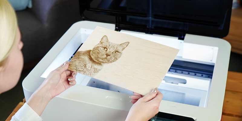 découpe et gravure laser d'un chat avec le module laser Flux Ador