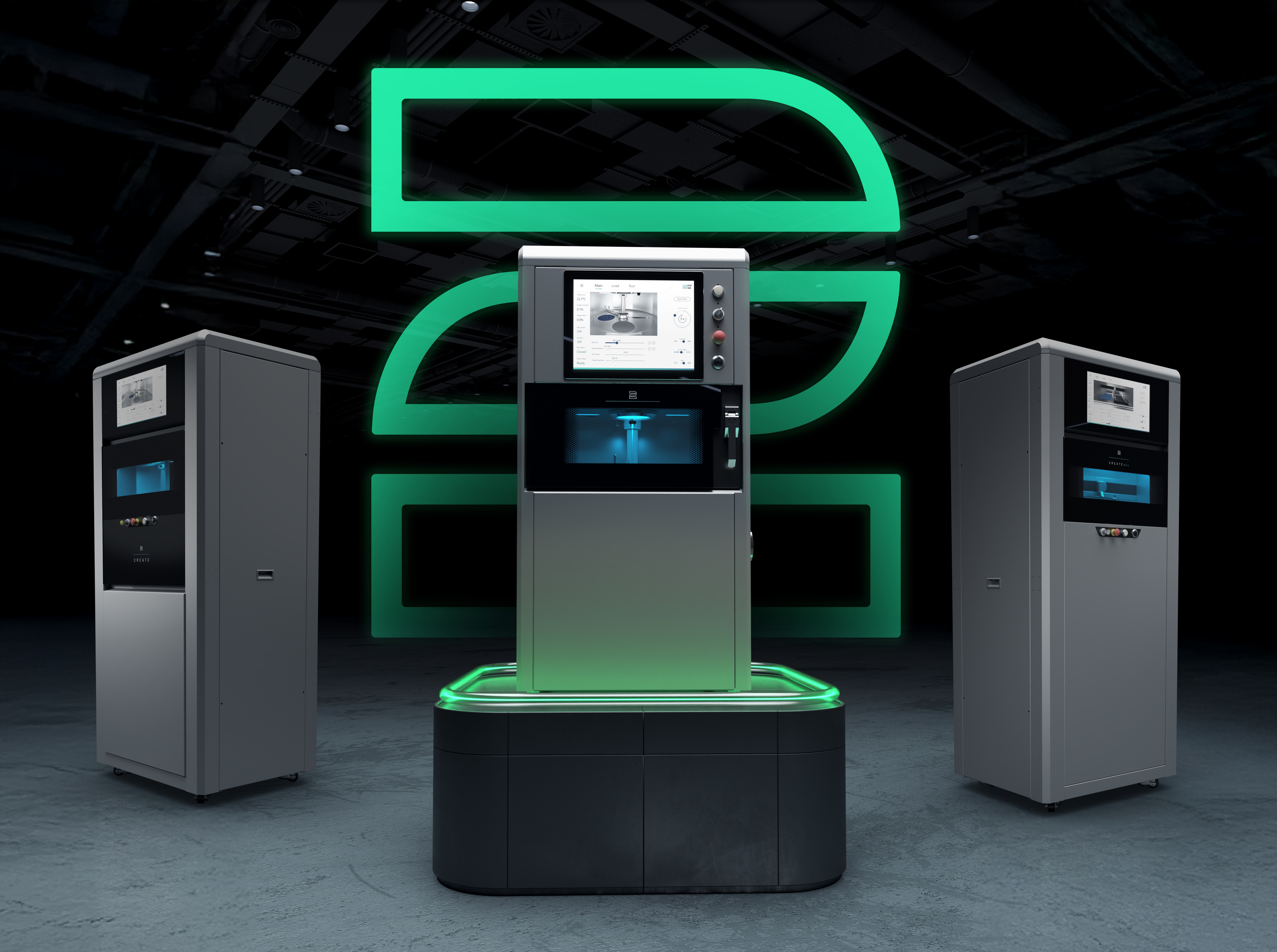 imprimante 3d 2create desktop à coté de des autres imprimantes 3d de 2one lab pour montrer son format compact