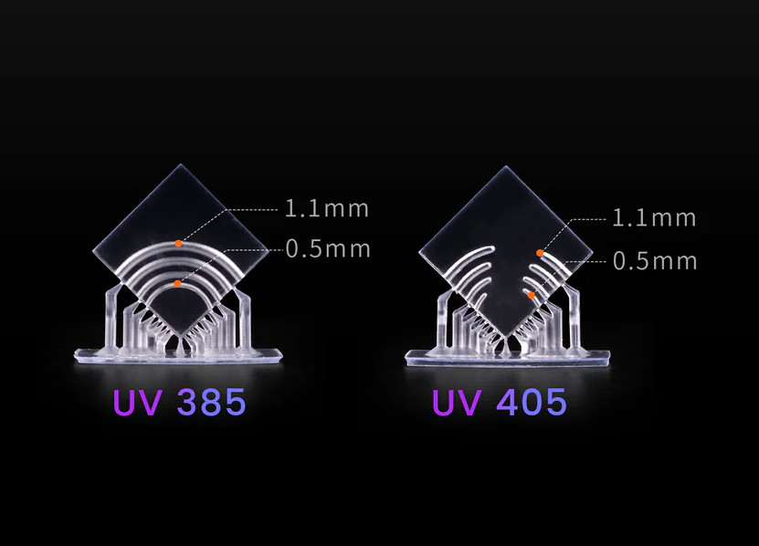 Test d'impression de la résine UniFormation transparente avec des sources 385nm et 405nm